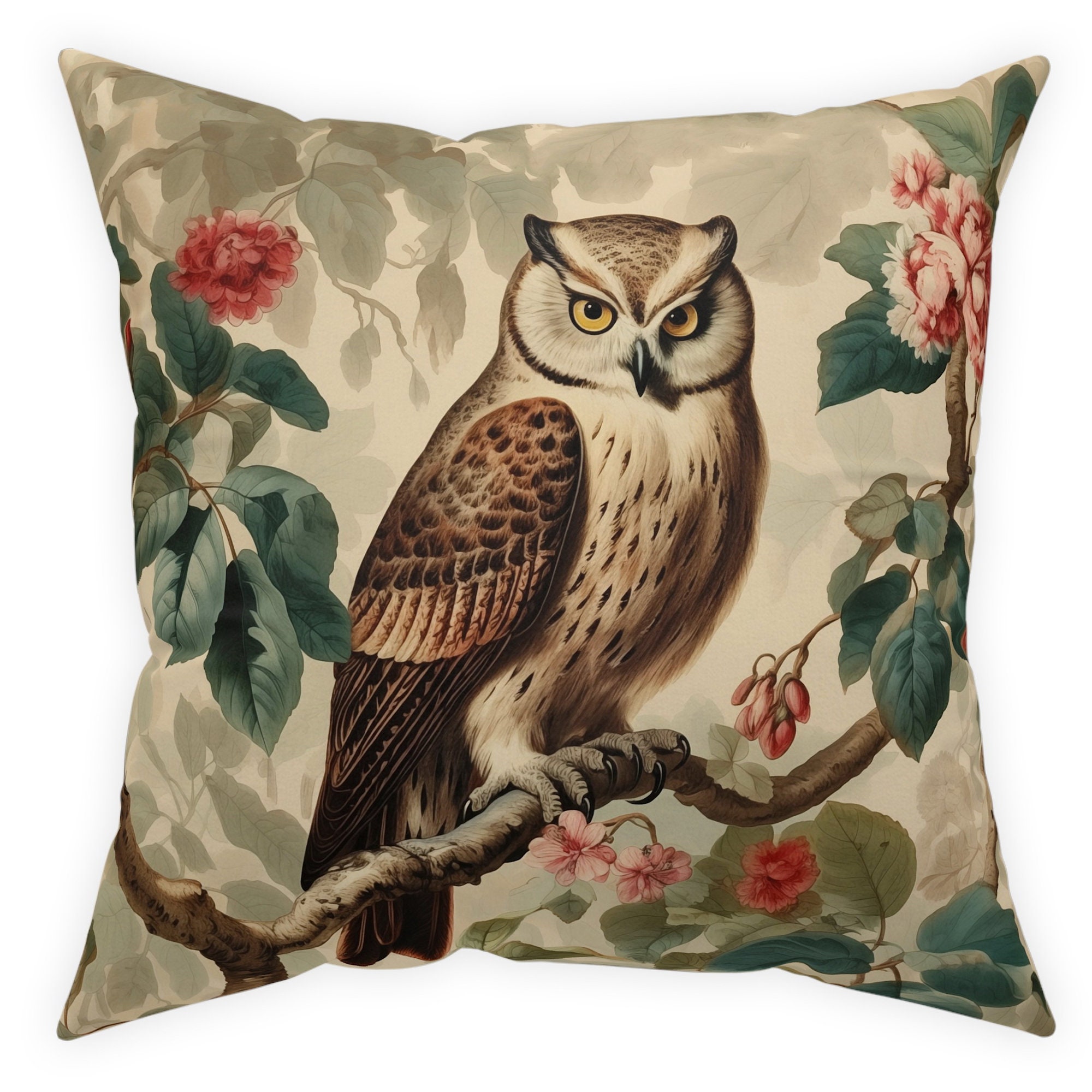 Owl throw pillow cover 14x14 16x16 18x18 20x20 24x24 26x26, Vintage style Outdoor Euro Sham, gift fo