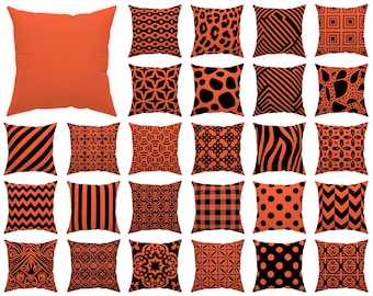 Kissenbezug in leuchtendem Orange und Schwarz, 14x14, 16x16, 18x18, 20x20, 24x24, 26x26 Zoll, moderne urbane Wohndekoration, orangefarbenes Outdoor-Kissen