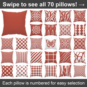 Könnte beinhalten: Sammlung von 20 dekorativen Kissen in Rot- und Weißtönen. Die Kissen zeigen verschiedene Muster, darunter geometrische Formen, Streifen, Punkte und florale Designs. Der Text oben lautet "Swipe to see all 70 pillows!" und unten "Each pillow is numbered for easy selection."