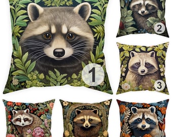 Raccoon throw pillow 14x14 16x16 18x18 20x20 24x24 26x26, indoor and outdoor art deco cushion forest animal decor, William Morris inspired