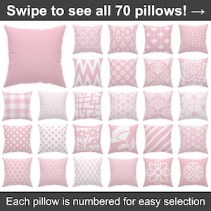 May include: A collection of pink throw pillows with various patterns, including polka dots, floral designs, and geometric shapes. The pillows are displayed in rows, with the text "Swipe to see all 70 pillows!" and "Each pillow is numbered for easy selection" at the top and bottom.