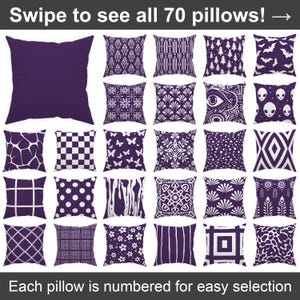 May include: A collection of 70 purple throw pillows with various white geometric patterns. "Swipe to see all 70 pillows!" is written at the top of the image. "Each pillow is numbered for easy selection" is written at the bottom of the image.