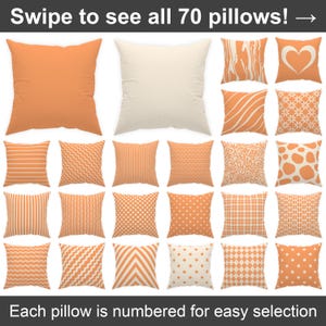 Könnte beinhalten: Eine Sammlung dekorativer Zierkissen in verschiedenen Designs und Mustern, darunter Streifen, Punkte und geometrische Formen. Die Kissen sind hauptsächlich orange und weiß, mit dem Text "Swipe to see all 70 pillows!" und "Each pillow is numbered for easy selection".