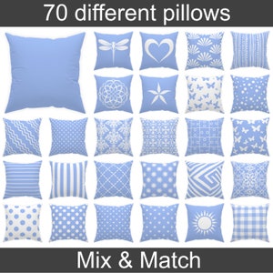 May include: 70 different pillow designs in a light blue color with white patterns. The patterns include geometric shapes, flowers, butterflies, and more. Mix and Match.