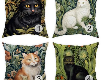 art nouveau cat pillow case 14x14 16x16 18x18 20x20 24x24 26x26, botanical cushion, outdoor forest pillow sham, cat lover decorative pillow