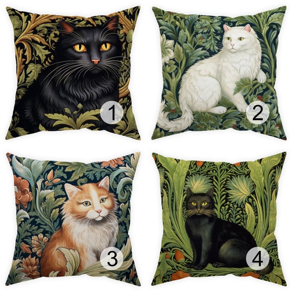 art nouveau cat pillow case 14x14 16x16 18x18 20x20 24x24 26x26, botanical cushion, outdoor forest pillow sham, cat lover decorative pillow
