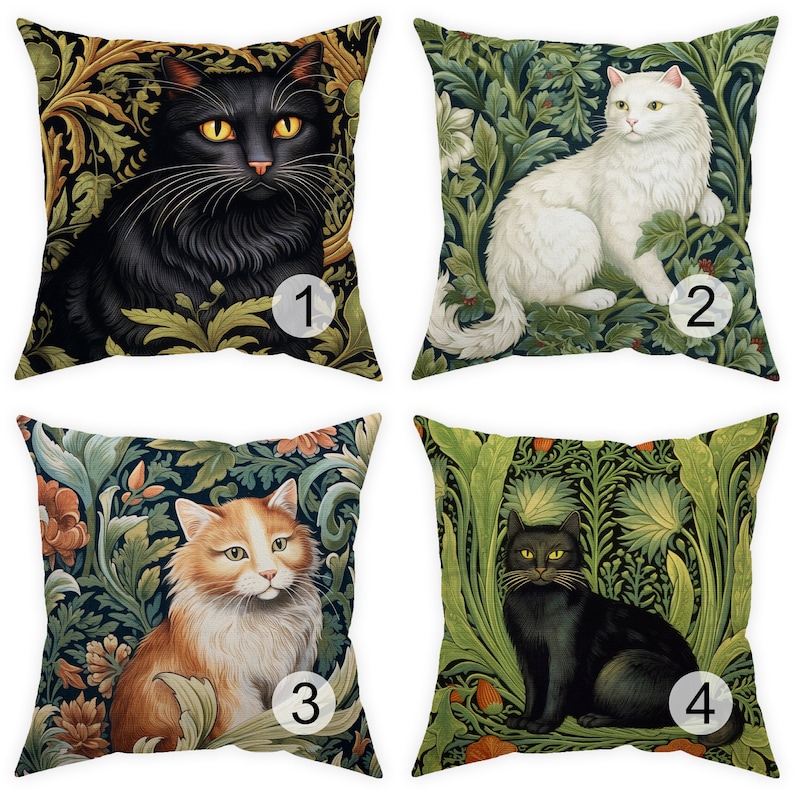 May include: Four decorative throw pillows featuring cat portraits. Each pillow showcases a different cat breed against a backdrop of ornate floral patterns in shades of green, gold, and orange. The cats are black, white, and orange.