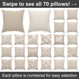 May include: A collection of beige decorative pillows with various patterns, including polka dots, stripes, floral designs, and nature-inspired motifs. The text "Swipe to see all 70 pillows!" and "Each pillow is numbered for easy selection" are displayed.