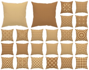 Op de afbeelding: Een verzameling van 20 vierkante kussens in verschillende tinten bruin en beige. De kussens hebben effen kleuren en patronen, waaronder bloemen, geometrische vormen en stippen. Tekst bovenaan luidt "Swipe to see all 70 pillows!" en onderaan "Each pillow is numbered for easy selection."
