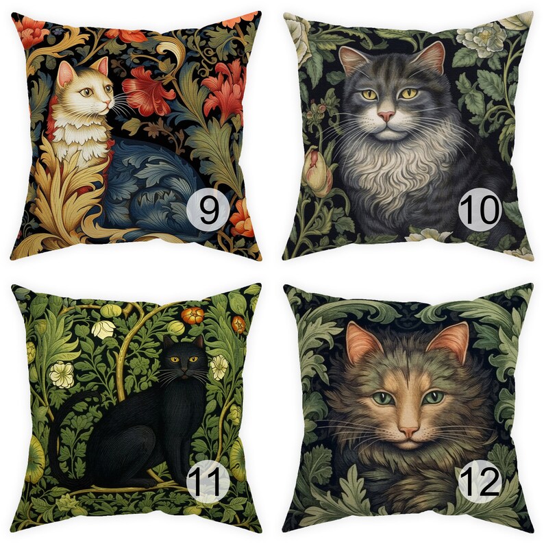 May include: Four square throw pillows with cat portraits in a floral design. Each pillow features a different cat: a white and gold cat, a gray cat, a black cat, and a tabby cat. The pillows have a dark background with flowers and foliage.