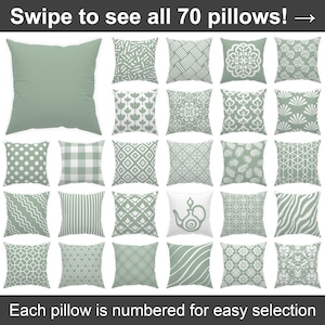 May include: A selection of 20 decorative cushions in various designs and patterns, including polka dots, stripes, and geometric shapes. The cushions are in shades of green and white. Text on the image reads: "Swipe to see all 70 pillows!" and "Each pillow is numbered for easy selection."