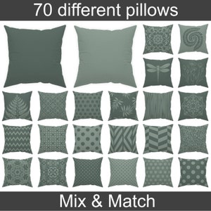 Könnte beinhalten: 70 verschiedene Kissen-Designs in Salbeigrün. Die Kissen zeigen verschiedene Muster, darunter geometrische Formen, Blumenmuster und abstrakte Muster. Mixen und kombinieren.
