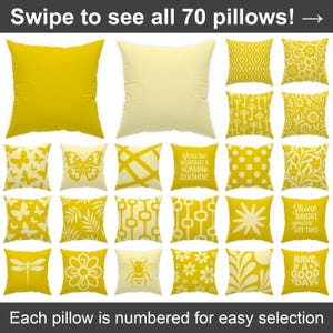 May include: A collection of 70 yellow throw pillows with various patterns and designs. The pillows feature a variety of designs, including butterflies, flowers, geometric shapes, and text. The text on the pillows includes phrases like "You're basically a human sunshine" and "Shine bright, you've got this!"