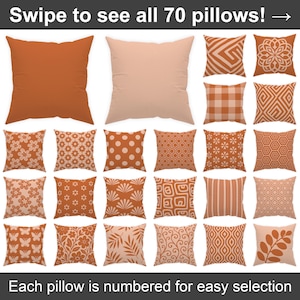 May include: A collection of 20 decorative throw pillows in various designs and colors, including solid orange, peach, floral, geometric, and patterned styles. The text at the top says "Swipe to see all 70 pillows!" and the text at the bottom says "Each pillow is numbered for easy selection."
