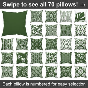 May include: A collection of 20 decorative throw pillows in shades of green and white, each with a unique botanical or geometric pattern. The pillows are square-shaped and arranged in a grid. Text at the top reads "Swipe to see all 70 pillows!" and at the bottom "Each pillow is numbered for easy selection."