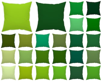 solid green throw pillow covers 14x14 16x16 18x18 20x20, indoor and outdoor cushions, olive, lime, dark green euro sham