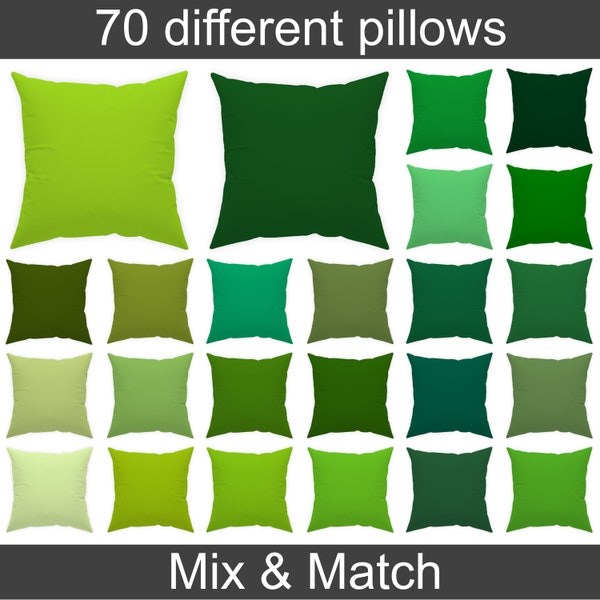 solid green throw pillow covers 14x14 16x16 18x18 20x20, indoor and outdoor cushions, olive, lime, dark green euro sham