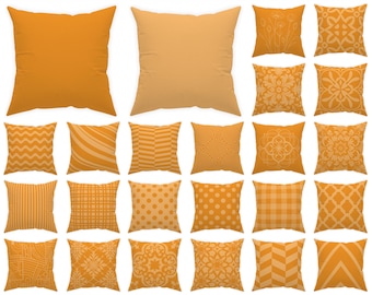 Könnte beinhalten: Eine Sammlung von 70 orangen Kissen mit verschiedenen geometrischen und floralen Mustern. Wischen Sie, um alle 70 Kissen zu sehen! Jedes Kissen ist zur einfachen Auswahl nummeriert.