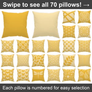 May include: A collection of yellow decorative pillows with various patterns, including floral, geometric, and butterfly designs. The pillows are arranged in rows, with the text "Swipe to see all 70 pillows!" and "Each pillow is numbered for easy selection" at the top and bottom.