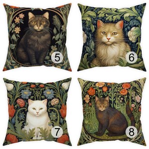May include: Four decorative throw pillows featuring cat portraits in a vintage floral design. Each pillow showcases a different cat with unique fur colors, set against a dark background with colorful flowers and foliage. The pillows are square-shaped.