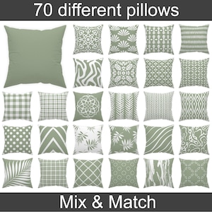 May include: 70 different pillow designs in a variety of patterns and colors. The pillows are all square and have a green background with white designs. The text "Mix & Match" is at the bottom of the image.
