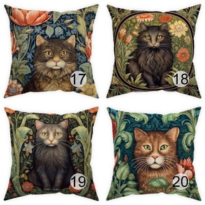 May include: Four decorative throw pillows featuring cat portraits. Each pillow showcases a different cat with unique fur colors and expressions, set against a backdrop of floral patterns in shades of blue, orange, and green. Numbers 17, 18, 19, and 20 are visible on the pillows.