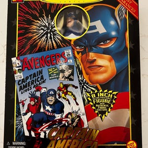 May include: A boxed Captain America action figure from the Marvel Comics Famous Cover Series. The box features comic book art of Captain America and other Avengers. The figure is 8 inches tall and has an authentic fabric costume.