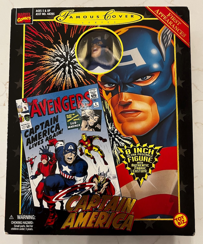 May include: A boxed Captain America action figure from the Marvel Comics Famous Cover Series. The box features comic book art of Captain America and other Avengers. The figure is 8 inches tall and has an authentic fabric costume.