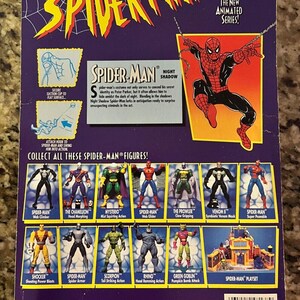 May include: A Spider-Man action figure from the animated series. The figure is posed in a dynamic action pose with its arms outstretched. The figure is red and blue with a black spider symbol on its chest. The figure is packaged on a blue and purple card with a picture of Spider-Man in the background. The card also features a description of the figure and a list of other Spider-Man figures.