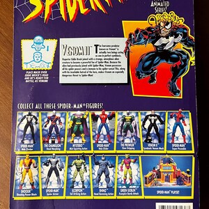 May include: A Spider-Man action figure toy packaging featuring a blue and red background with a Spider-Man character on the front. The back of the packaging shows a variety of Spider-Man characters and a playset. The packaging includes the text "From The New Animated Series!" and "Collect All These Spider-Man Figures!"