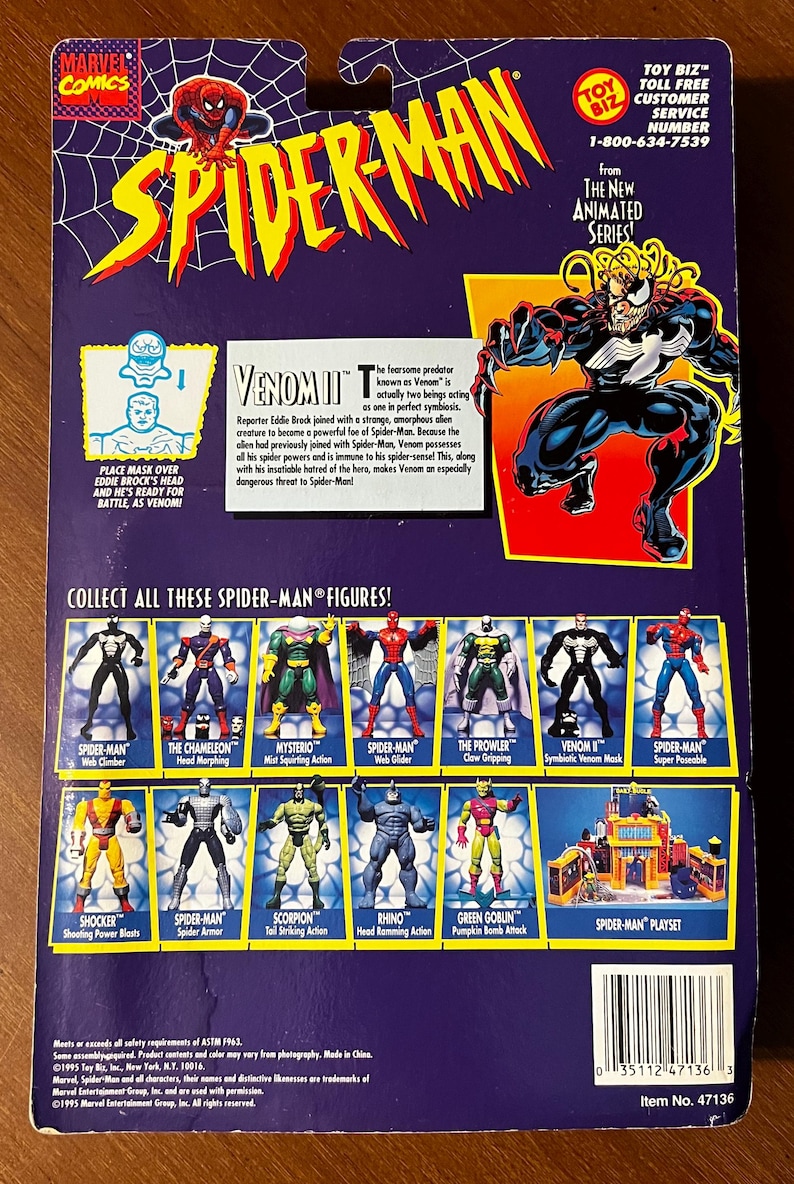 May include: A Spider-Man action figure toy packaging featuring a blue and red background with a Spider-Man character on the front. The back of the packaging shows a variety of Spider-Man characters and a playset. The packaging includes the text "From The New Animated Series!" and "Collect All These Spider-Man Figures!"