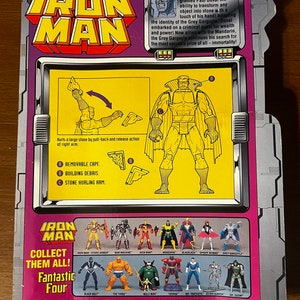 May include: A plastic action figure of Grey Gargoyle from the Marvel Comics series Iron Man. The figure is posed with a removable cape, building debris, and a stone-hurling arm. The figure is part of a larger collection of Marvel Comics characters.
