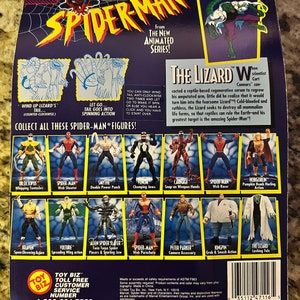May include: Back of a Spider-Man action figure package. The figure is from the new animated series. The Lizard is the main villain. The package shows the Lizard in a green and white costume. The package also shows other Spider-Man characters, including Venom, Carnage, and Doc Ock. The package is blue and white with the Marvel Comics logo.