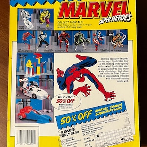 May include: The back of a Marvel Super Heroes action figure package featuring Spider-Man. The package shows a variety of Marvel characters including Captain America, The Incredible Hulk, Daredevil, and Dr. Doom. The package also includes a subscription offer for Marvel Comics.