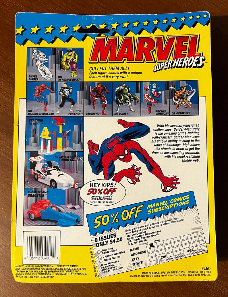 May include: The back of a Marvel Super Heroes action figure package featuring Spider-Man. The package shows a variety of Marvel characters including Captain America, The Incredible Hulk, Daredevil, and Dr. Doom. The package also includes a subscription offer for Marvel Comics.