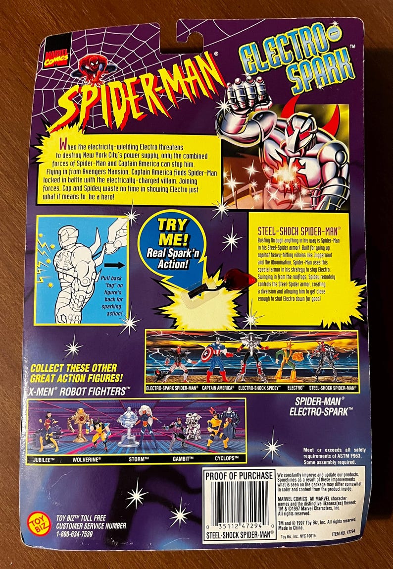 May include: A plastic action figure of Spider-Man wearing a silver and red suit with a metallic sheen. The figure is holding a web shooter in one hand and has a red and blue web coming out of the other hand. The figure is posed in a dynamic action pose. The background is a purple and black design with stars. The text "Spider-Man Electro-Spark" is printed on the packaging.