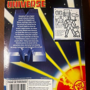 May include: The back of a Marvel Universe action figure package featuring Iron Man in a space suit. The packaging is red, yellow and blue with the Toy Biz logo. The text on the back of the package reads "Iron Man Space Armor" and "Item No. 48504".