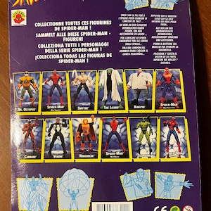 May include: A colorful card back for a Spider-Man action figure toy. The card features a variety of Spider-Man characters, including Dr. Octopus, Venom, and Carnage. The card also includes instructions on how to play with the figure, such as how to launch the web shooter and how to make the figure float with a parachute.