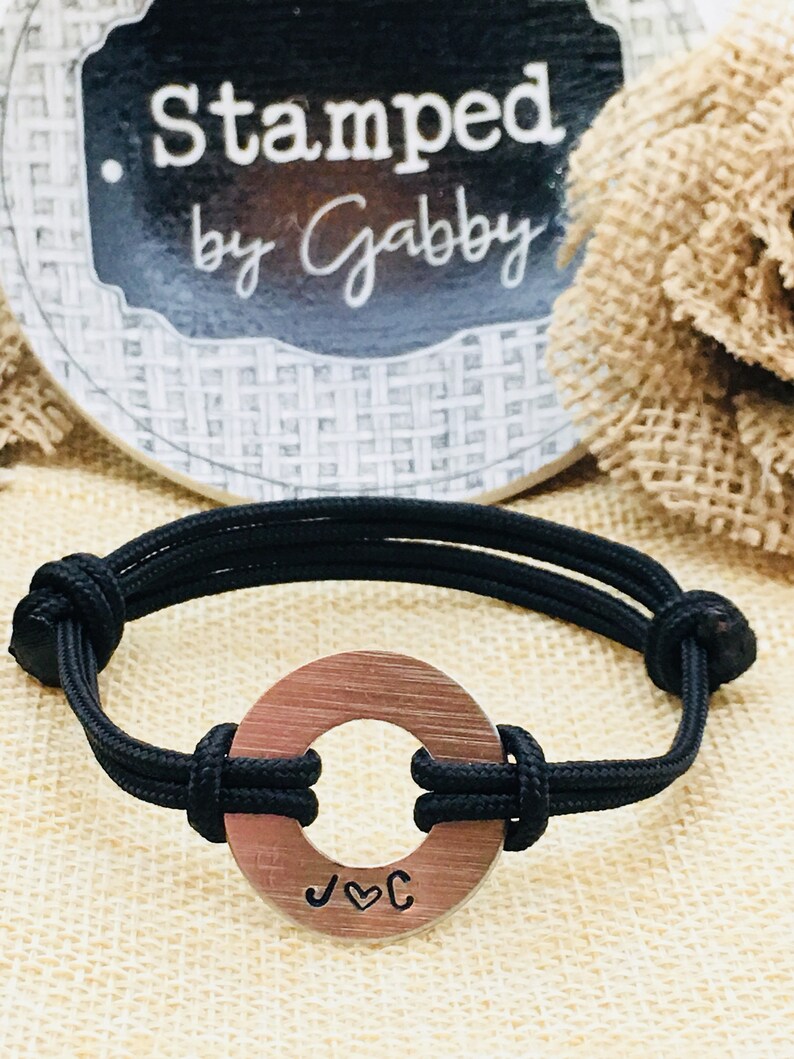 Personalized Washer Bracelet Aluminum Disc with Stamped Initials and adjustable Nylom Cord Stamped Bracelets Initial Bracelet