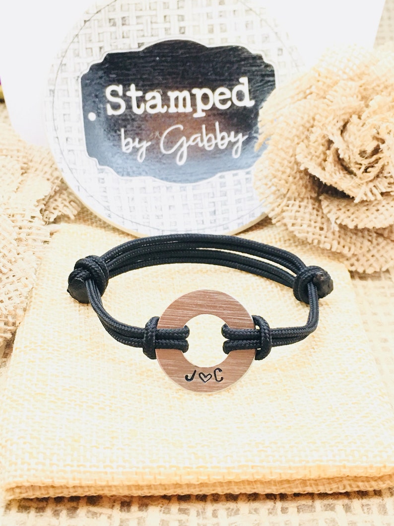 Personalized Washer Bracelet Aluminum Disc with Stamped Initials and adjustable Nylom Cord Stamped Bracelets Initial Bracelet