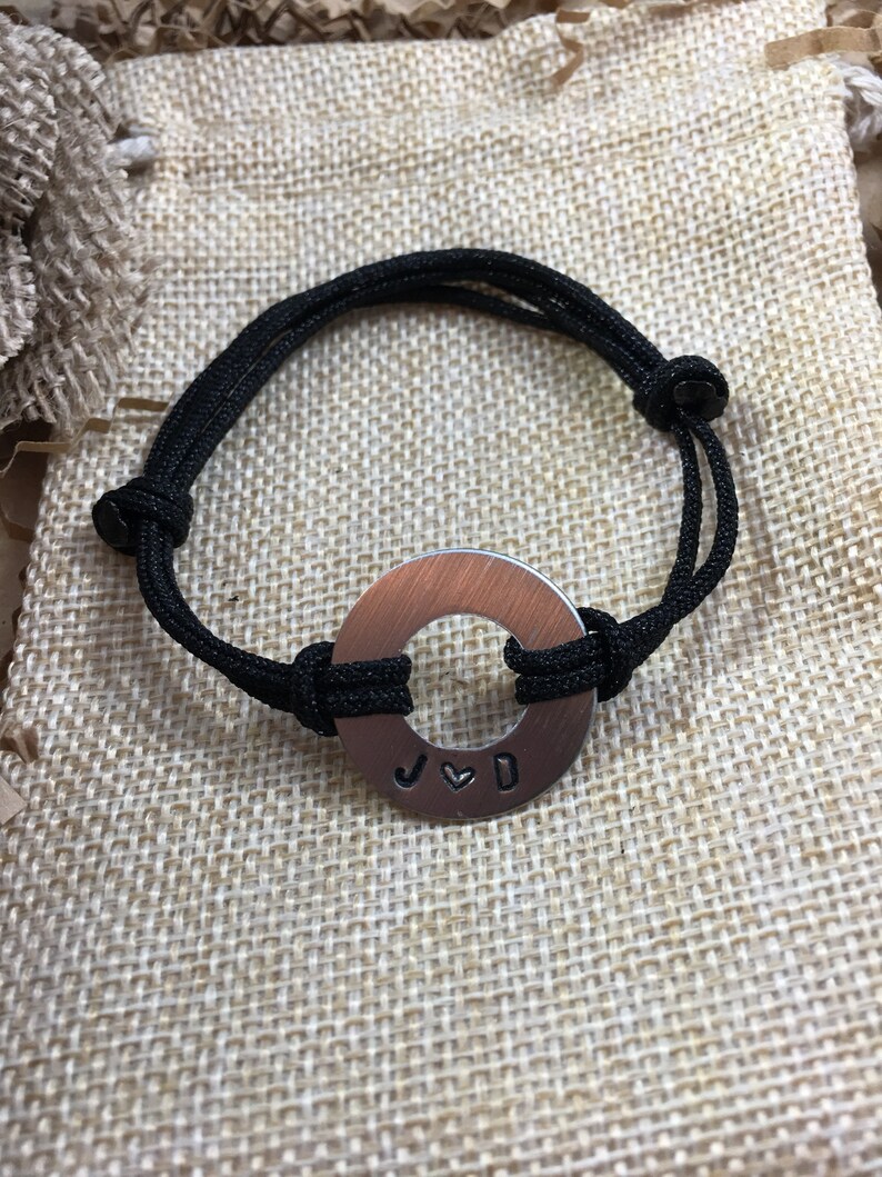 Personalized Washer Bracelet Aluminum Disc with Stamped Initials and adjustable Nylom Cord Stamped Bracelets Initial Bracelet