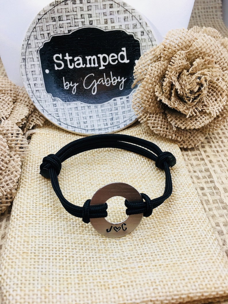 Personalized Washer Bracelet Aluminum Disc with Stamped Initials and adjustable Nylom Cord Stamped Bracelets Initial Bracelet