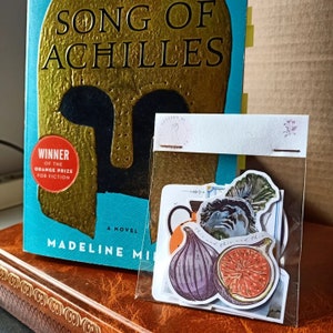 May include: A copy of the novel The Song of Achilles with a gold helmet cover design, positioned behind a clear plastic bag containing assorted stickers featuring classical Greek imagery, including a bust, a vase, and fresh figs.
