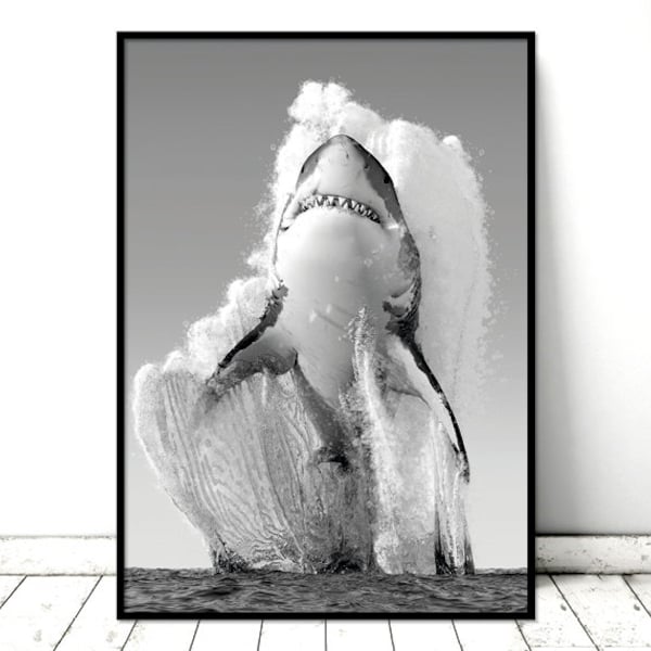 Printable Art Poster Jumping Great White Shark Monochrome Nature Wall Art. Printable *INSTANT DOWNLOAD PDF* A2, A3, A4, resizable