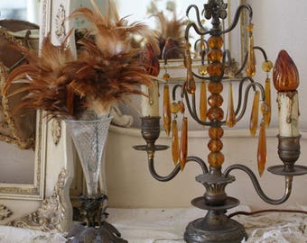 Antique French Amber Glass Girandole Table Chandelier 1900s
