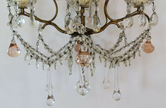 French Antique Blush Pink Beaded Chandelier My Fa… - image 3