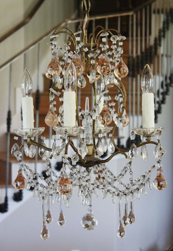 French Antique Blush Pink Beaded Chandelier My Fa… - image 7