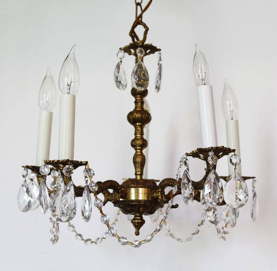 French Country Petite Antique Brass and Crystal C… - image 2