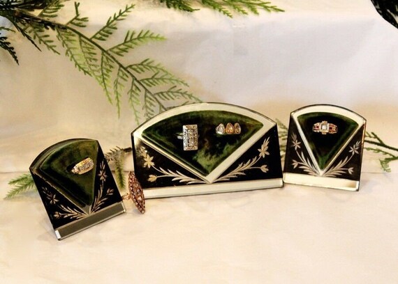 Set of Three Antique Art Deco Etched Mirror Ring … - image 1