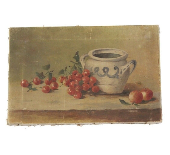 Early 1900s Cherries Oil Painting Beautiful Antiqu